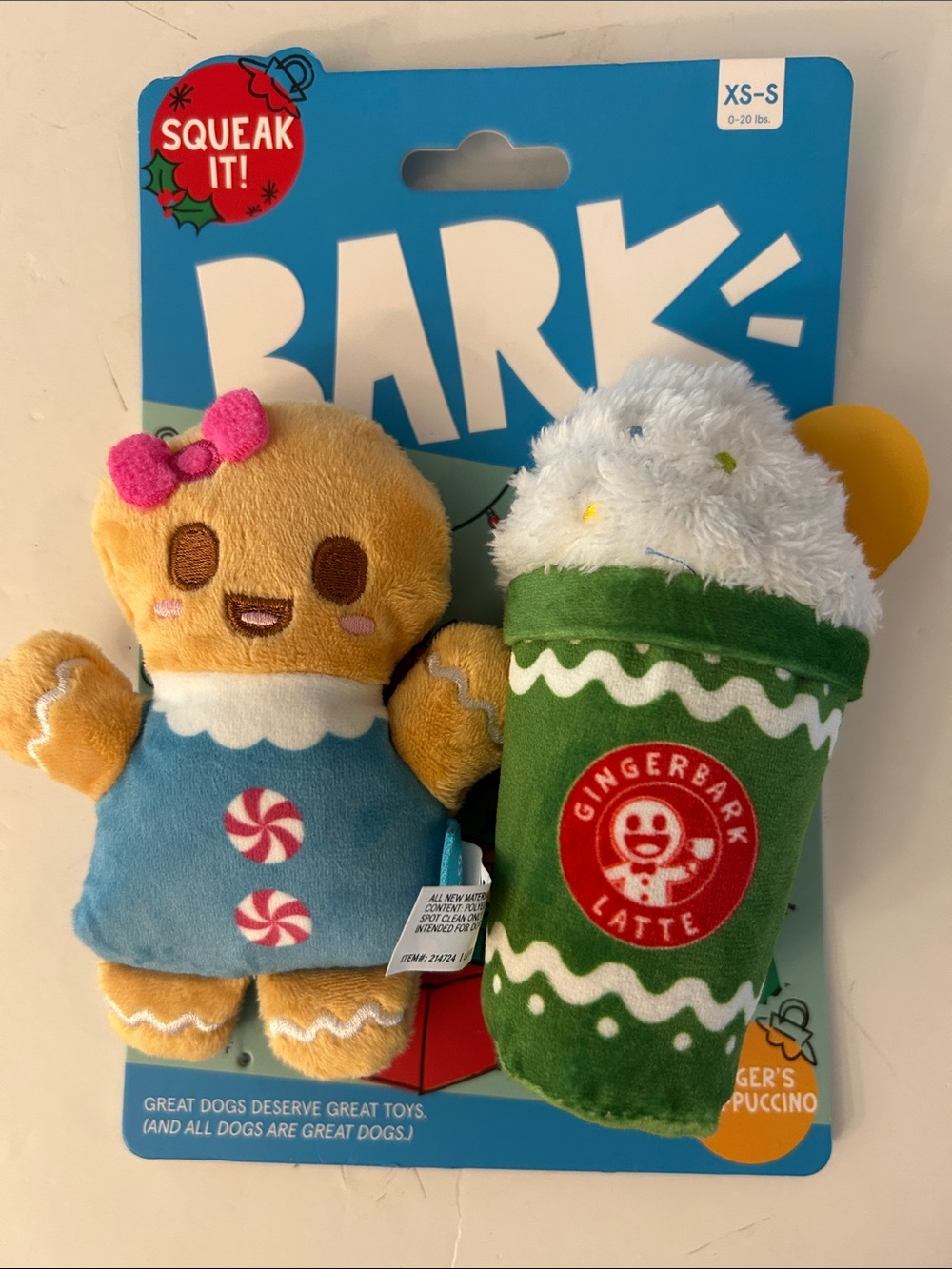 BARK Gingerbark Latte & Ginger Doll Plush Dog Toy pair NEW size XS / S